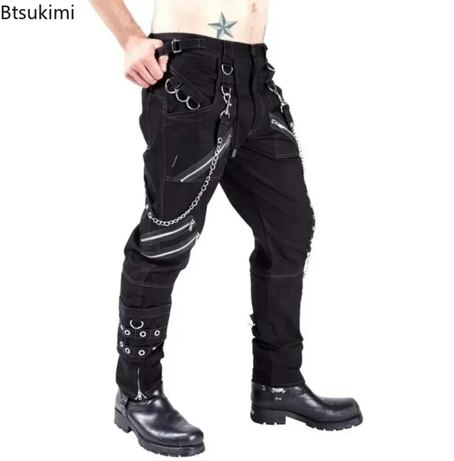 2026 Men's Hip Hop Rock Punk Gothic Pants Cotton Casual Pants Buckle Zip Chain Strap Trousers Men Streetwear Daily Cargo Pants