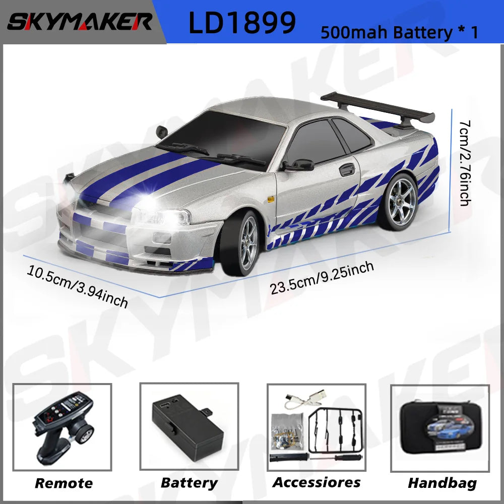 Skymaker LDRC 1/18 RC Drift Car LD1899 GTR Mode R34 2.4GHz RWD with Gyroscope on-Road Alloy Body Shell Racing Car for Boys Gifts