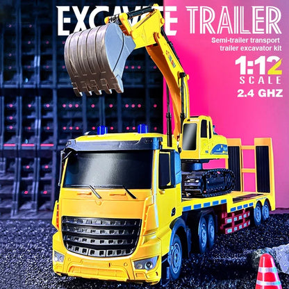 1/12 Rc Flat Truck with Excavator 11Ch Alloy Engineer Vehicle 2.4G Remote Control Car Radio Controlled Trailer Toys for Boy