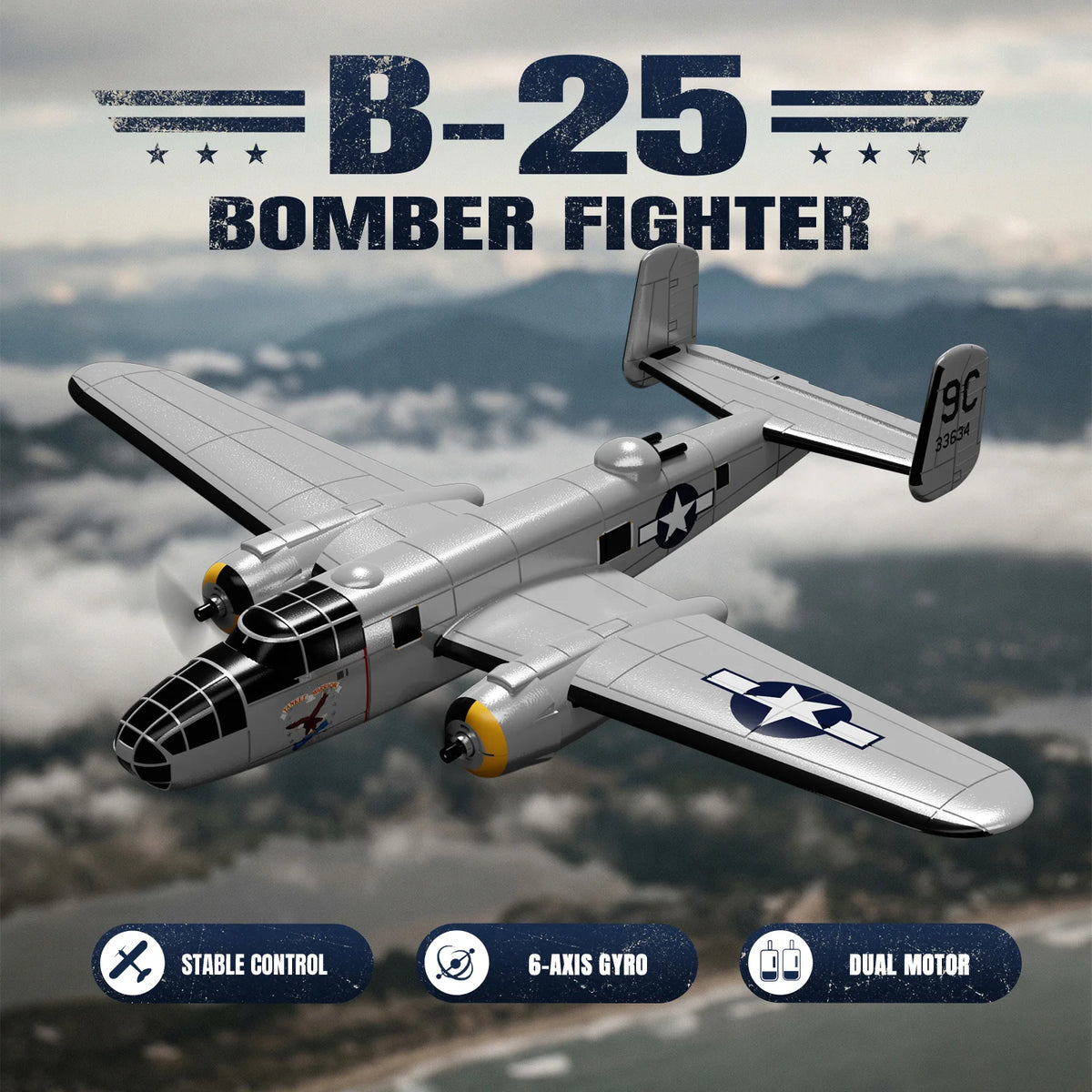 Volantex B25 Mitchell Bomber RC Fighter 2.4G 3CH Double Motor RC Plane One Key Aerobatic Aircraft XPILOT Stabilization
