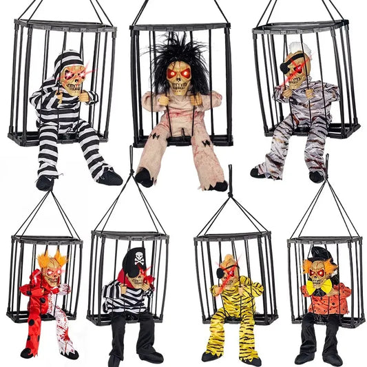 Scream Horror Halloween Skeleton Toys Halloween Decoration Props Terrifying Skeleton Cage Prisoner Haunted House Decorations