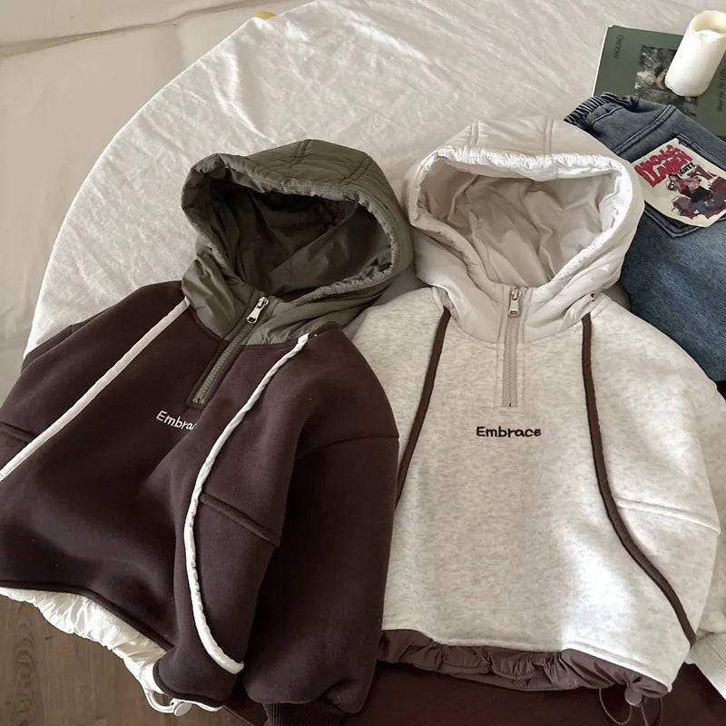 2025 Autumn Winter Children Velvet Sweatshirt Toddler Hooded Tops Kids Clothes Boys Girls Casual Pullover Letter Hoodies