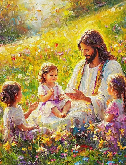 Graffiti Christian Jesus With Child Art Posters Christian Faith Jesus Walking In Flower Field Canvas Painting Bedroom Home Decor