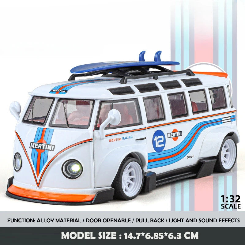Simulation 1/32 Scale Volkswagen T1 Transporter Model Sound Light Bus Toy Vehicle Children Boy Birthday Gift Miniature Voiture