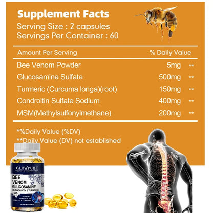 Bee Venom Extract Glucosamine & Turmeric Capsules for Joint & Muscle Health, Enhanced Mobility, Flexibility, Comfort Supplement