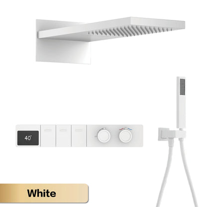 Luxury Gun Grey Brass Constant Wall Temperature Shower System LED Digital Display Cold & Hot Water Wall Mounted Bathroom Faucet
