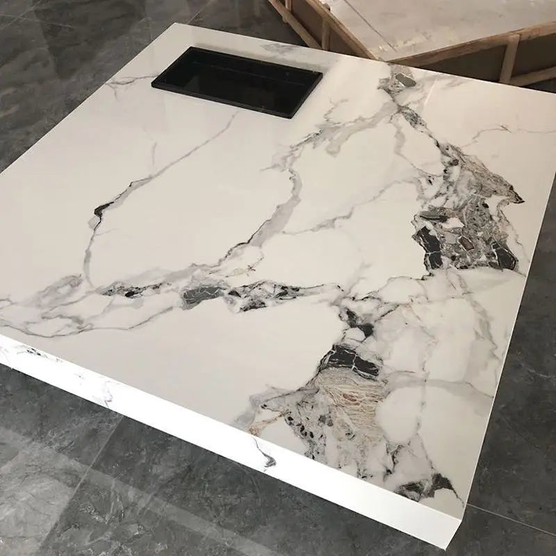 Modern Luxury Coffee Table Sintered Stone Square Tea Table Stainless Steel Marble Look Center Table Living Room