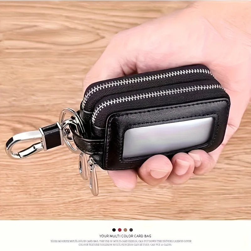 High-End Double Layer Zipper Car Key Holder Leather Key Case Large Capacity Universal Men Women Key Pouch with Keychain