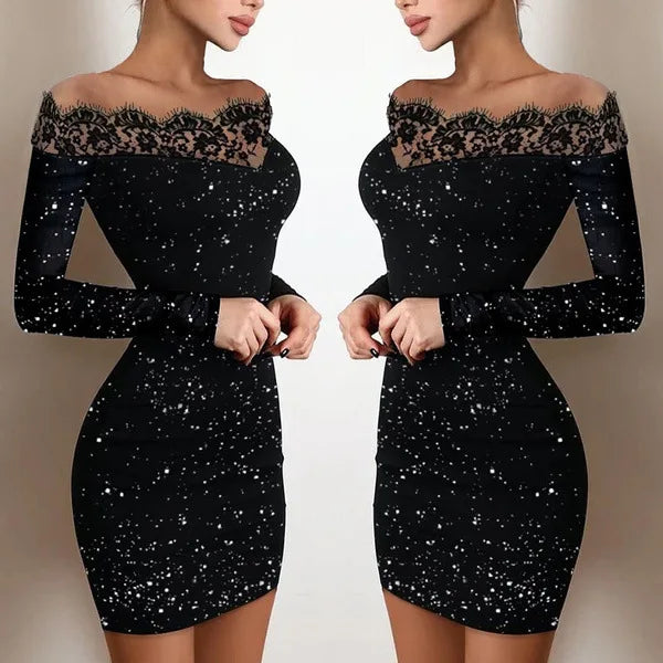 Women Elegance, Leisure, Sexy Long sleeved Lace Edge, One Shoulder Silver Powder Sprinkled Dress