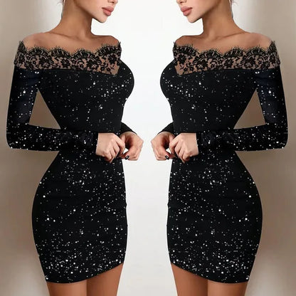 Women Elegance, Leisure, Sexy Long sleeved Lace Edge, One Shoulder Silver Powder Sprinkled Dress