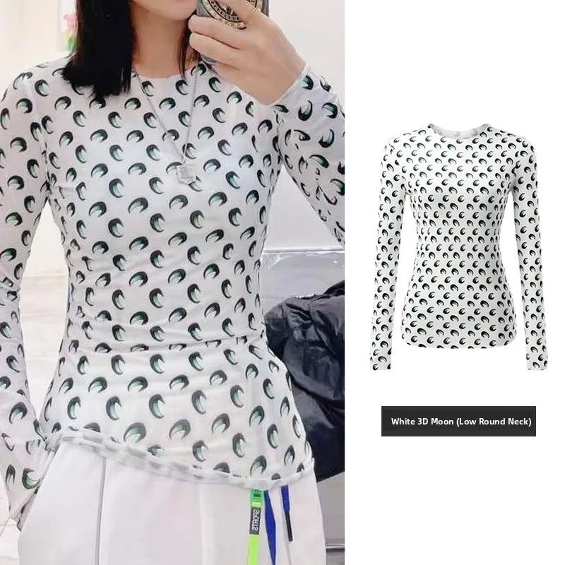 Ice Silk Two Piece Set Womens Sun Protection Clothes Long Sleeve Moon Print Top and Pants American Retro Sexy Autumn New