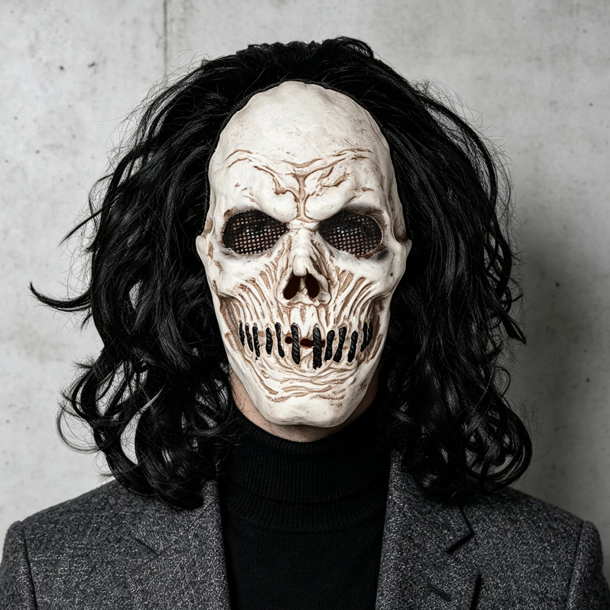 Black Long-Haired Skull Mask, Perfect for Holiday Parties, Halloween Pranks, Masquerade Balls, and Carnival Parties, Made of Latex