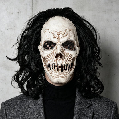 Black Long-Haired Skull Mask, Perfect for Holiday Parties, Halloween Pranks, Masquerade Balls, and Carnival Parties, Made of Latex