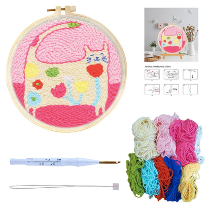 DIY Punch Needle Kits for Beginners Cute Animal with Hoop Embroidery Punch Needle Starter Craft Set Giraffe Festival Gift