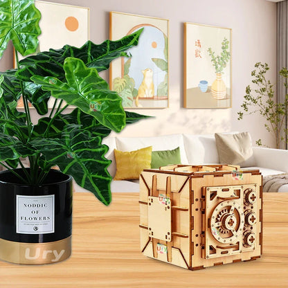 URY 3D Wooden Puzzle Password Treasure Money Box Piggy Bank DIY Advanced Assembly Model Toys Creative Gift for Lady Girls