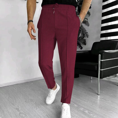 Men Waffle Knit Slim Fit Pants Drawstring Trousers With Pockets Stylish Design Spring Autumn Outdoor Travel Daily Street Wear
