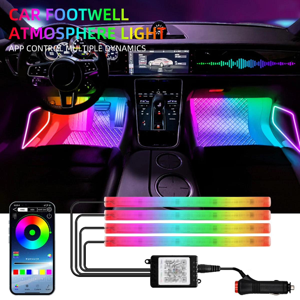 4in1 Symphony LED Interior Car Lights Strip Foot Light Dynamic Flash Light Music APP Control RGB Color 48SMD USB Car Accessories