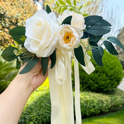 Artificial Wedding Car Flower Decorations, White Rose Car Mirror Decor, Car Accessory for Bridal Shower, Just Married,Party
