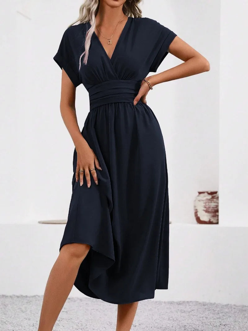 Woman Summer Solid-Color V-Neck Batwing-Sleeve Pleated Long Elegant Dress Woman Clothing Tops Skirts Y2k Clothes