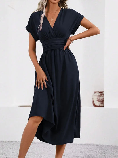Woman Summer Solid-Color V-Neck Batwing-Sleeve Pleated Long Elegant Dress Woman Clothing Tops Skirts Y2k Clothes
