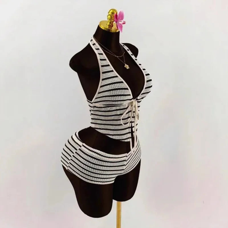 Summer Seaside Beach Vacation Style Knitted Lace up Slim Fit Halterneck Vest Half-Length Shorts Two-Piece Set for Women sexy sty