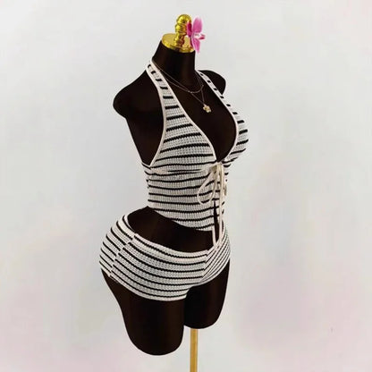 Summer Seaside Beach Vacation Style Knitted Lace up Slim Fit Halterneck Vest Half-Length Shorts Two-Piece Set for Women sexy sty