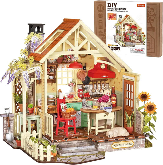 Rolife Sunlit Farmhouse Kitchen DIY Miniature House Cosy Cottage Style Wooden Dollhouse Model Kit Birthday for Women Adult