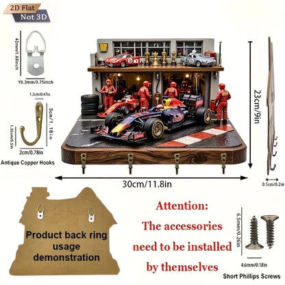 2D Flat. 1pc. Racing-Themed Key Hook - Multi-Functional Decorative Key Holder with Four Metal Hooks, Wall Decoration, Room