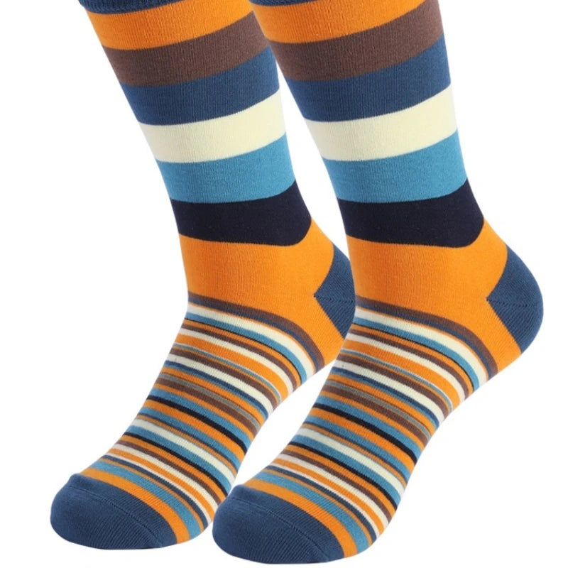 5 Pairs Spring Autumn New Large Classic Color Middle Tube Men's Socks Thick and Stripe Style Small and Unique Men's Long Socks