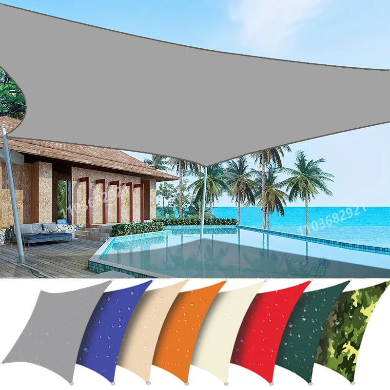 waterproof sun shade sail for garden in various colors over a poolside terrace with palm trees and ocean view