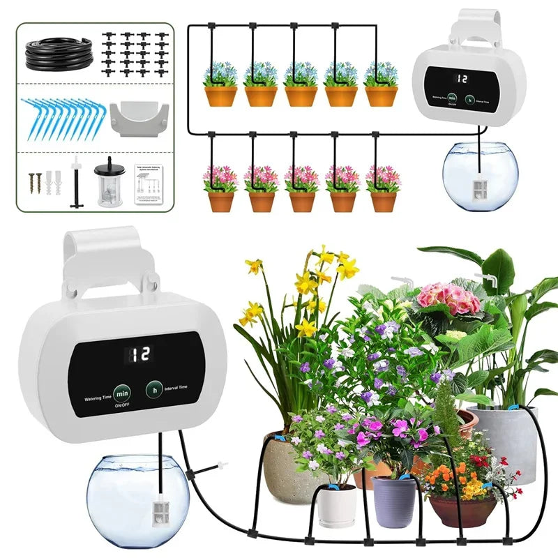 Garden Irrigation Controller with Timed Automatic Watering Device Built-in 1800mAh Battery Plant Watering System USB Charging