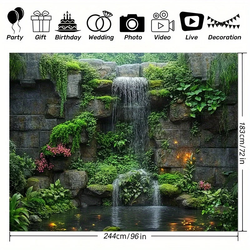 Stone Waterfall Mossy Rocks Garden Tapestry Zen Meditation Space Outdoor Patio Decor Tranquil Flowing Water Natural StoneTexture