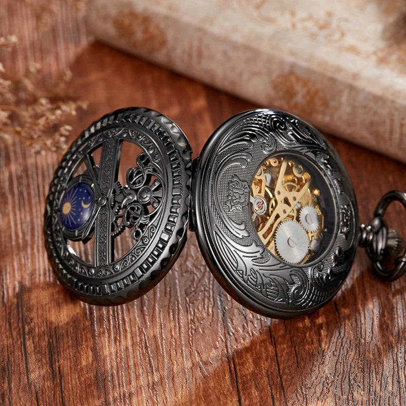 Vintage Gold Skeleton Mechanical Pocket Watch Engraved Star Moon Case Hollow Dial  Hand Wind Fob Watch with Chain for Men Women