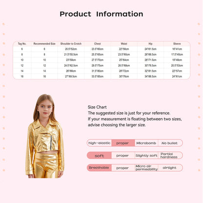 Kid Girls Boys Zipper Metallic Motorcycle Jacket Coat Hip-Hop Jazz Street Dance Outwear School Party Stage Performance Dancewear