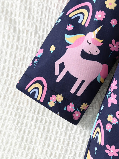 Autumn And Winter Girls' Unicorn Flower Printed Jacket With Plush Insulation Long Sleeved Casual Hooded Jacket