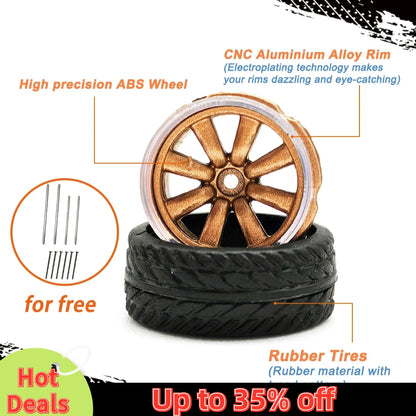 Kicarmod 1/64 Model Car ABS Wheels with Rubber Tire Metal Rims Front Small Rear Large Refitting Parts For Model Car