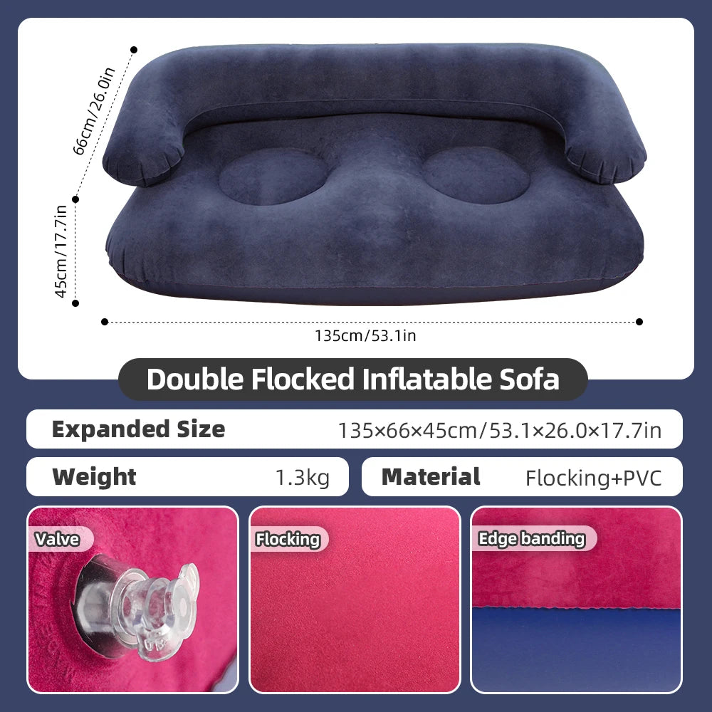 Inflatable Double Sofa 2 Person Air Couch Thickened PVC Flocking Portable Foldable Lazy Sofa Waterproof Inflatable Lounger