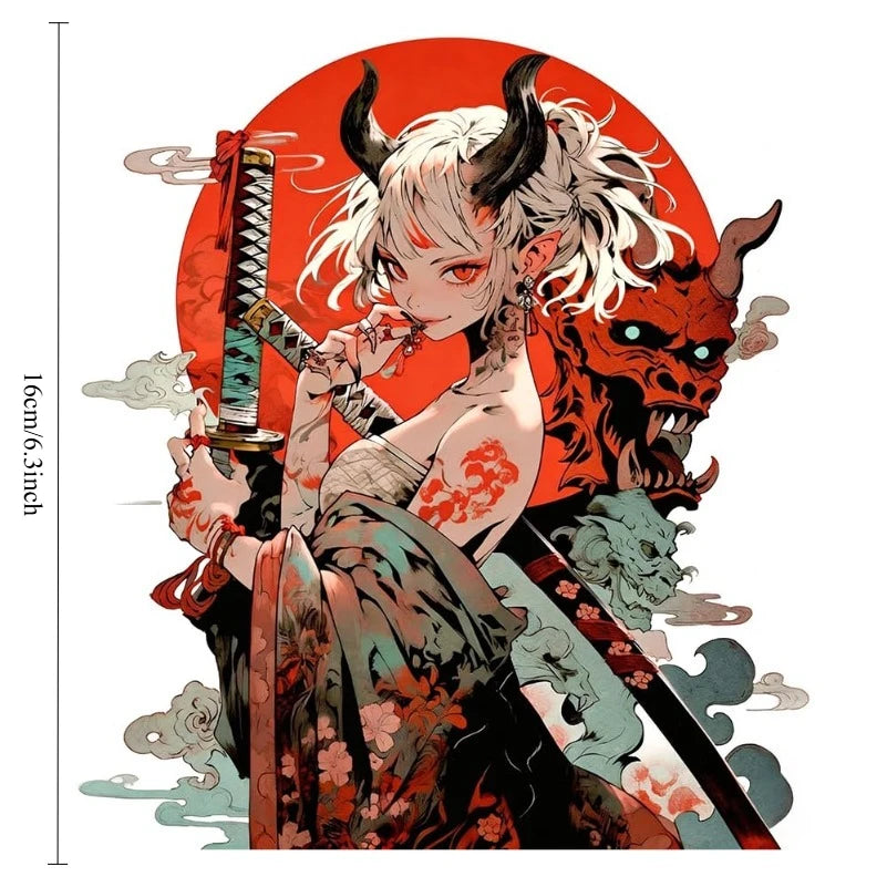 1Pc Japanese Demon Samurai Anime Girl Vinyl Sticker, Waterproof Decal For Car Motorcycle Laptop Window Decor, Holiday Gift