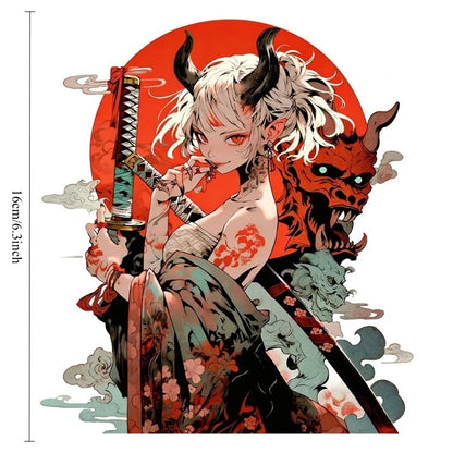 1Pc Japanese Demon Samurai Anime Girl Vinyl Sticker, Waterproof Decal For Car Motorcycle Laptop Window Decor, Holiday Gift