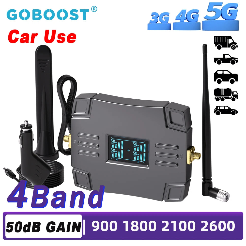 Goboost Car Use Cellular Amplifier 900 1800 2100 2600MHz Signal Booster for 3G 4G 5G 4-Band Network Repeater Antenna Full Kit