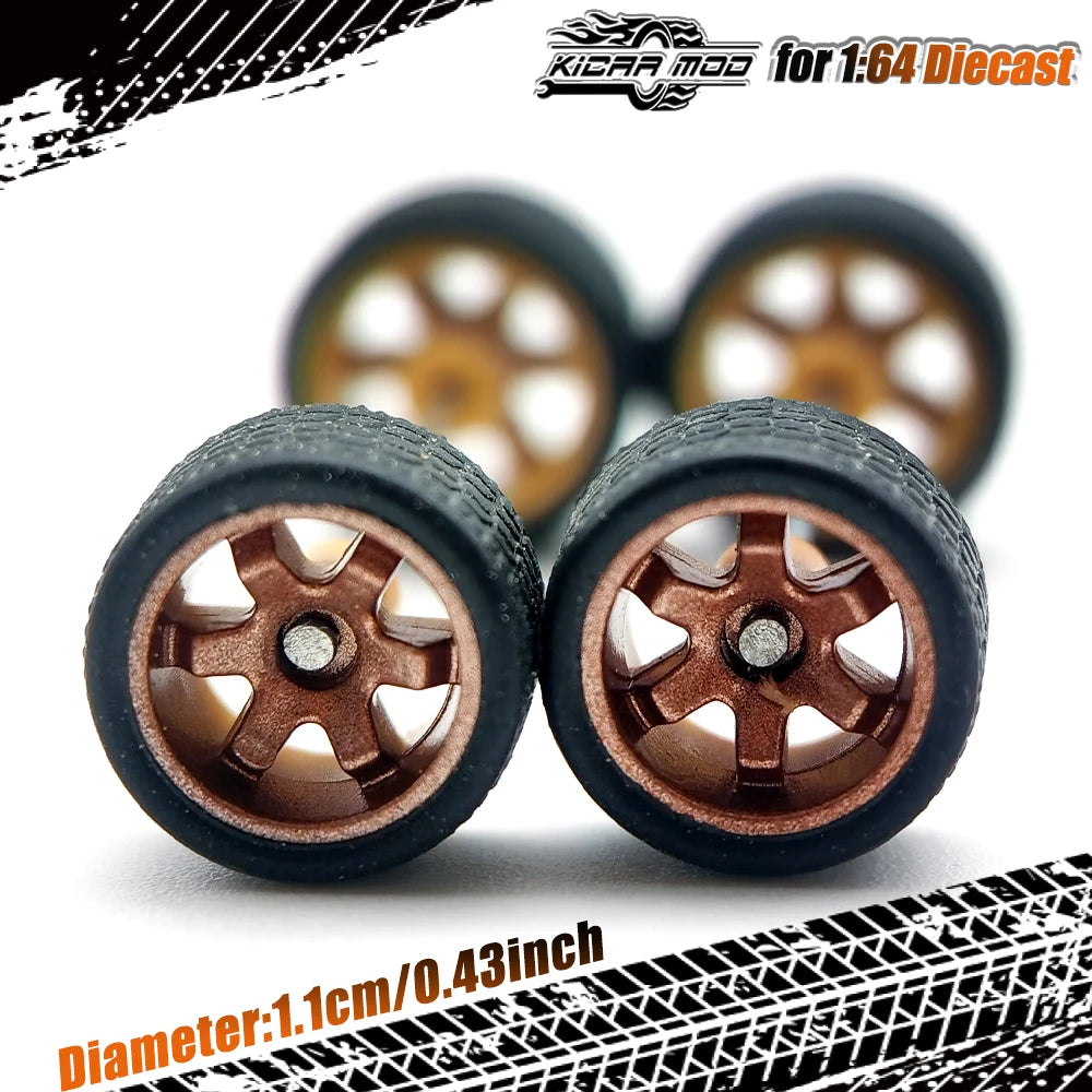 1/64 Wheels with Rubber Tires TE37 Refitting Parts for Diecast Model Car Matchbox Tomica D:11mm 1 Set