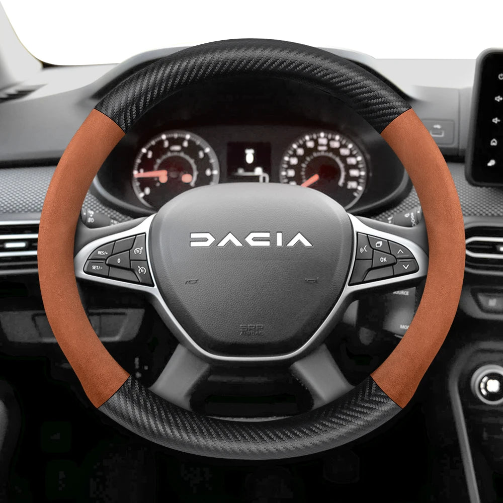 Suitable for Dacia Suede Matte Carbon Fiber Texture Steering Wheel Cover, Suitable for Models Such as Sandero Stepway, Duster, Jogger, Bigster, Spring, Electric, Cargo, Logan, Etc., Black Mocha Car Accessories