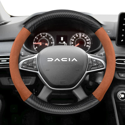Suitable for Dacia Suede Matte Carbon Fiber Texture Steering Wheel Cover, Suitable for Models Such as Sandero Stepway, Duster, Jogger, Bigster, Spring, Electric, Cargo, Logan, Etc., Black Mocha Car Accessories