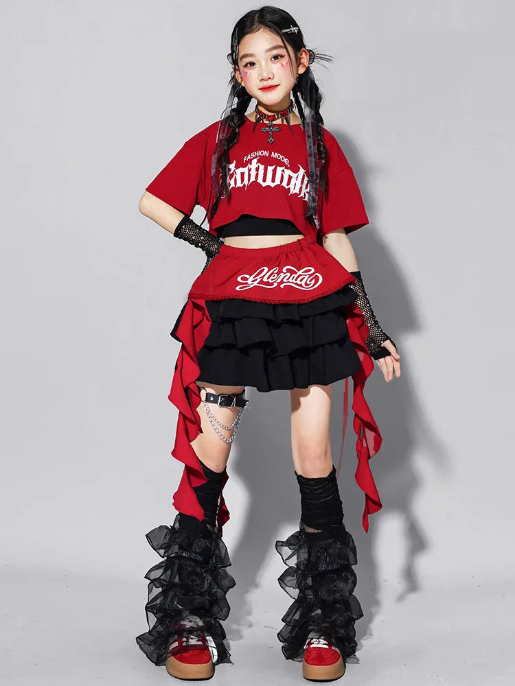 Girls K-pop Fashion Crop Top Bud Skirts Children Hip Hop Street Dance Costume Kids Streetwear Girl Group Jazz Summer Clothes Set