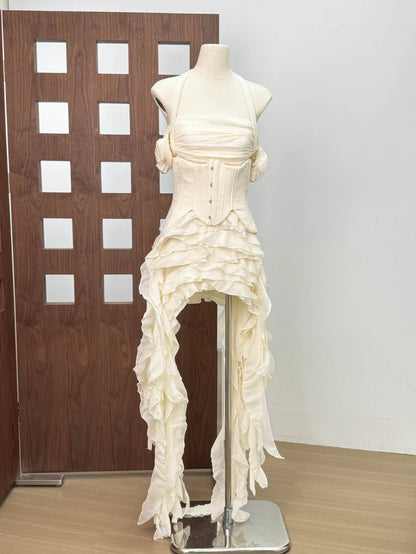 Women Skirt Suit Draped Dress Three Piece Sets Sexy Halter Ruffled Dress Lace-up Corset Top Shorts Party Cocktail Dress Vestidos