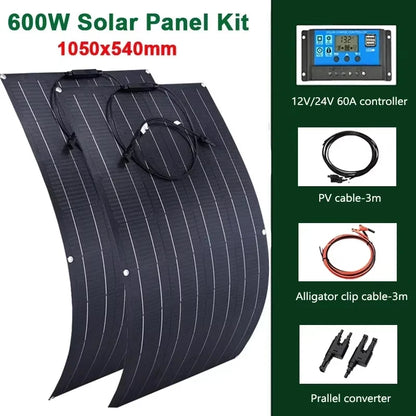 300W 600W Flexible Solar Panel With 60A Solar Regulator Cable For 12V Battery Charger Home Roof Outdoor Camping Car RV Boat
