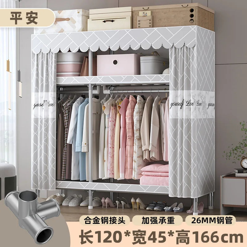 Simple Wardrobe Household Bedroom Assembly Cloth Wardrobe Steel Pipe Bold Reinforcement Strong and Durable Cloth Wardrobe