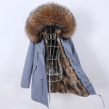 2026 Maomaokong Women's Winter Coats Rabbit Lining Jacket Natural Real Raccoon Fur Collar Parka Fox Fur Long Female Clothing