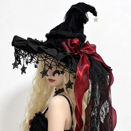Lace Velvet Witch Hat with Lace Trim and Moon Pendant for Halloween Costume Party Masquerade Cosplay Party Accessory