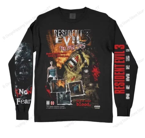 Mens Resident Evil Long Sleeve T-shirt Vintage Game 3D Print Tshirt Men Women Fashion O-Neck Sports Tops Tees Mens Clothing New